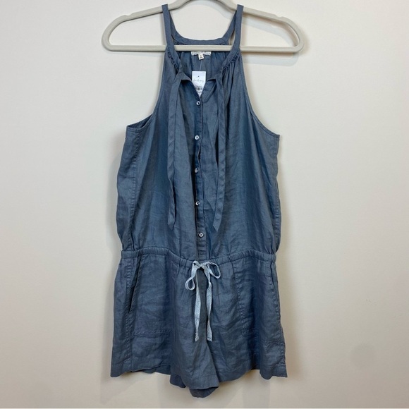 Lou & Grey Loft NWT Linen Dusty Gray Romper Sz S Tie Neck Racerback Pockets - Picture 13 of 15